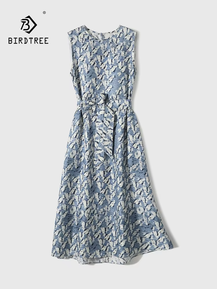 BirdTree-100%Real Silk Elegant Vest Dress, O Neck Sleeveless Print, Women Fashion Vacation Thin Dress, 2026 Summer New D63647CC