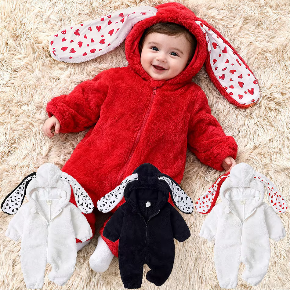 New Autumn Winter Baby Onesie Toddler Fluffy Fleece Long Sleeved Rabbit Ear Hooded Bodysuits Newborn Zipper Cute Warm Rompers