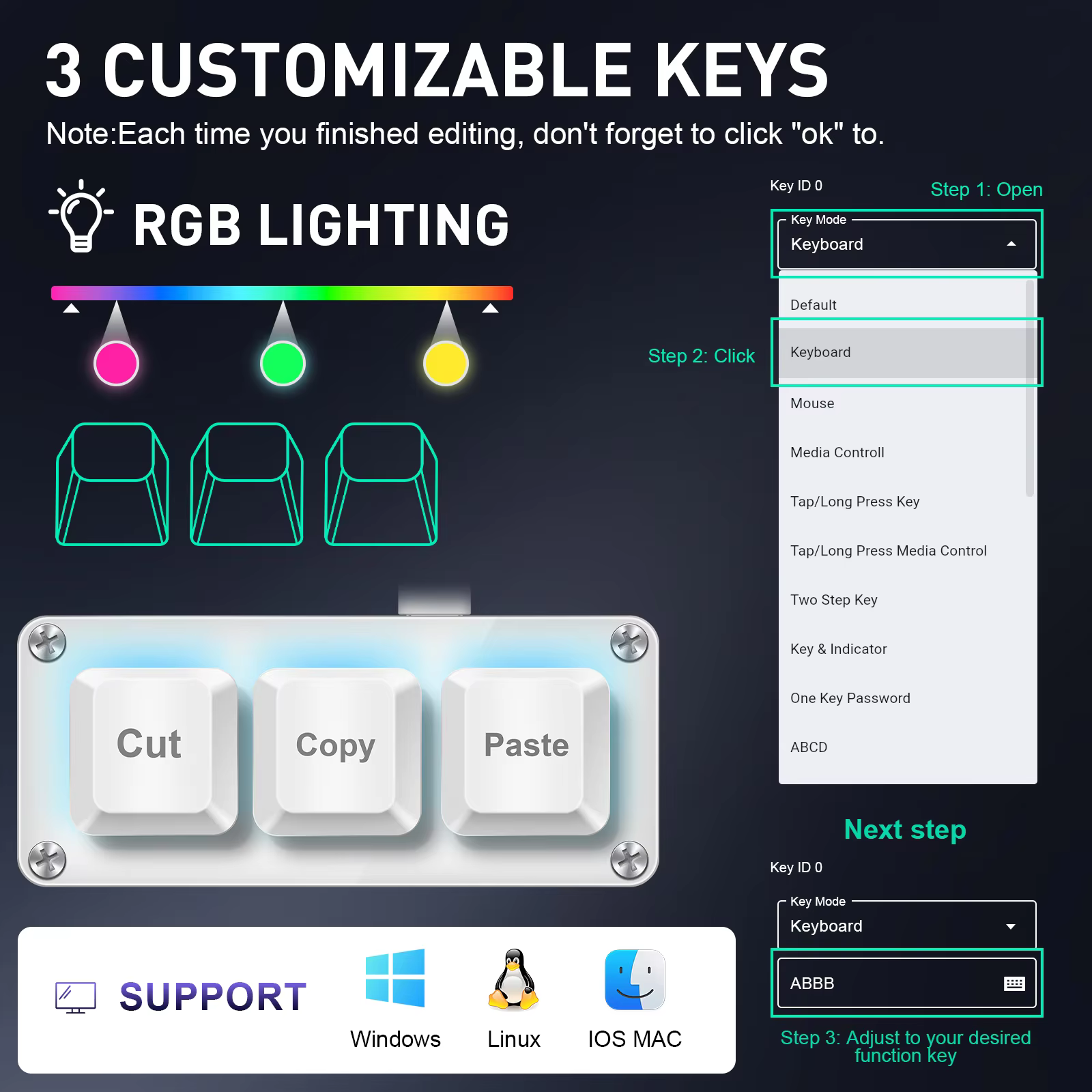 SAYODEVICE 3 Keys Mini Shortcut Key Office Work Macros Keypad OSU Rhythm Game Keypad Gaming USB Wired Keyboard Hot-swappable