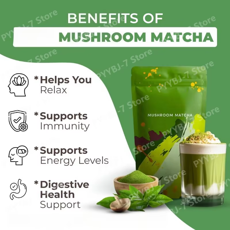 Organic Matcha Mushroom Powder Natural Nutrients Digestive Friendly All Day Energy Matcha Flavour Daily Health Supportment 180g