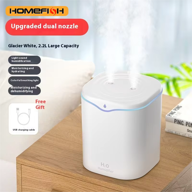 HOMEFISH 2L Large Capacity Dual Spray USB Humidifier Silent Home Bedroom Air Purifier Wireless Water Diffuser for Office
