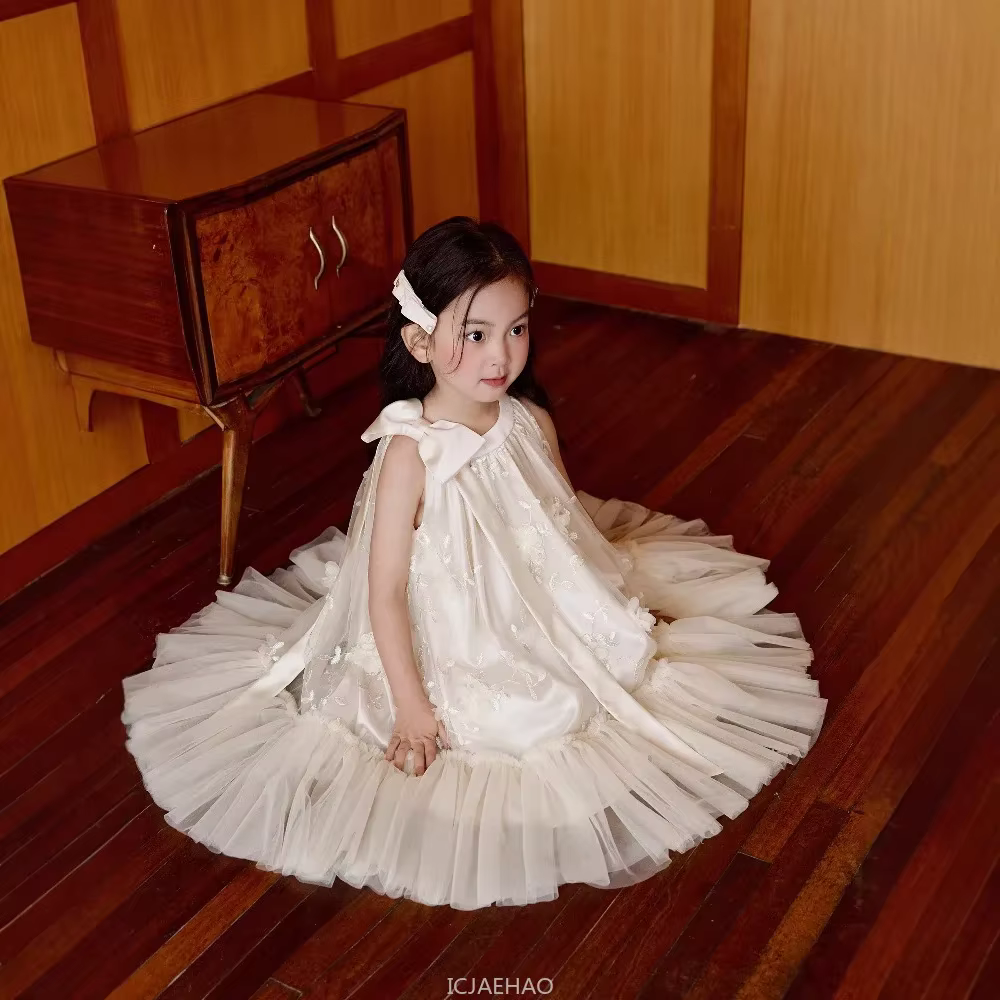 Wed Dress 2025 New Summer Girls 3D Flower  Gown Trendy Children Formal Outfit Princess Costume Halter Neck Fashion Kids Party