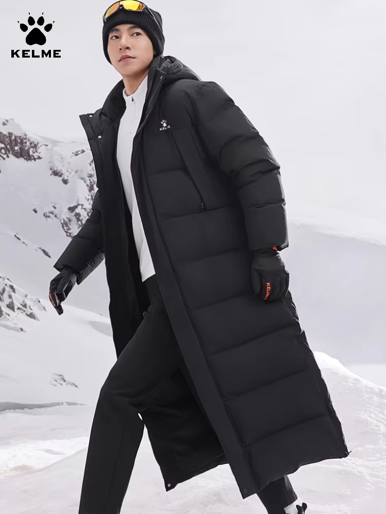 Kelme Extended Down Jacket 2024 Winter Hooded Sports Thick Warm Coat Outdoor Windproof Jacket Snow Proof Cotton Jacket