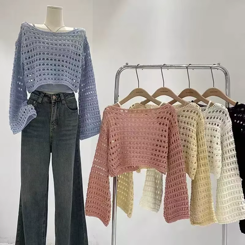 Summer 2026 Beach Bikini Cover Up Crop Pullover Long Sleeve Crochet Knit Top Wool Knitwear Blouse Women Vacation Boho Outfit