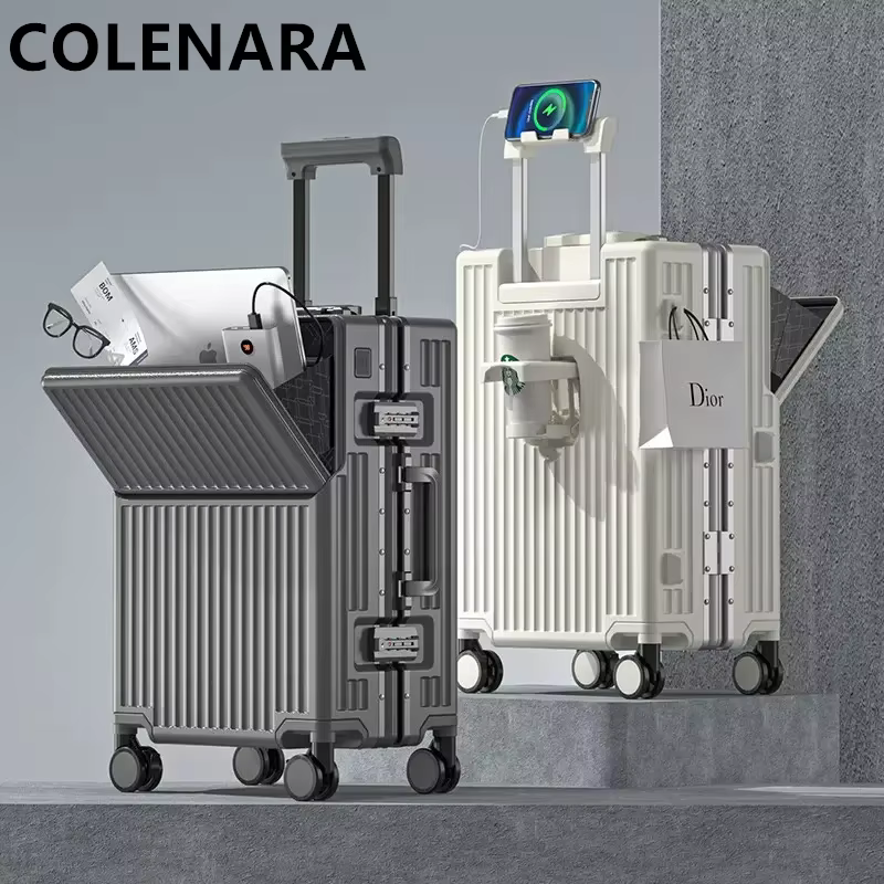 COLENARA Front Opening Luggage Compartment With 20 Inch Swivel Portable Cabin Travel Password Box Pull Rod Leather Box Suitcase