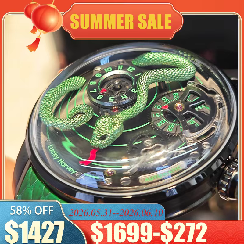 Lucky Harvey Funny Mechanical Watch Automatic Movement Watches for Men Snake Dial Synthetic Sapphire Waterproof 2024 New Model
