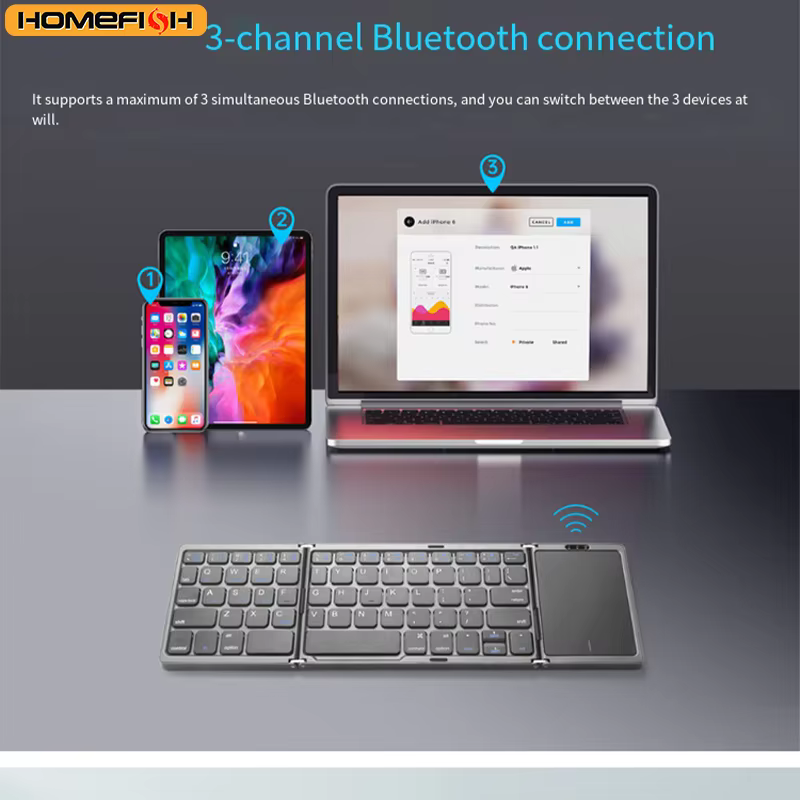 New portable ultra-thin wireless mini three-fold Bluetooth keyboard for mobile phone, tablet, office use with touchpad