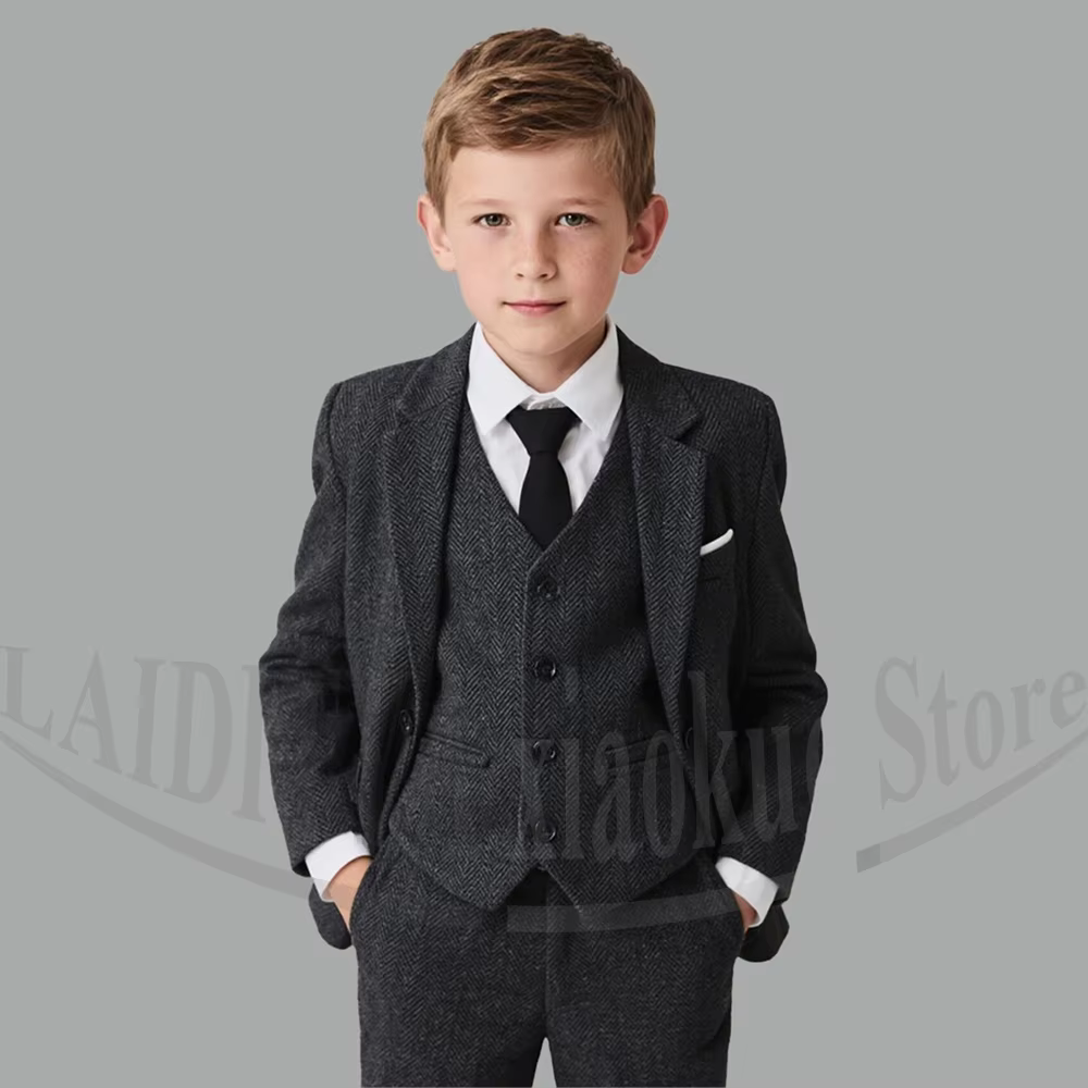 Boys Grey Herringbone Suit Tweed 3 Piece Vintage Style Wedding Party Pageant Special Occasion Fashion Kids Gentleman Outfit