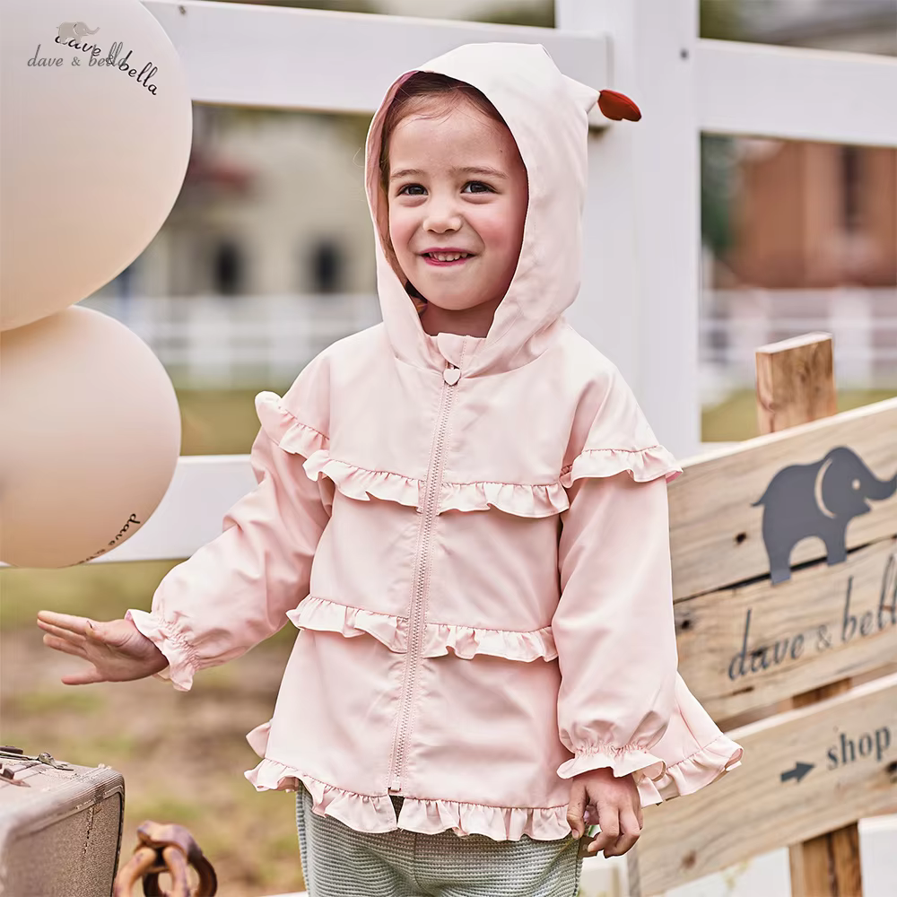 Dave Bella Children's Hooded Jacket Kids Coat Autumn Gentle Sweet Cute Baby's Pink Windbreaker Party Fashion Outdoor DB3253535