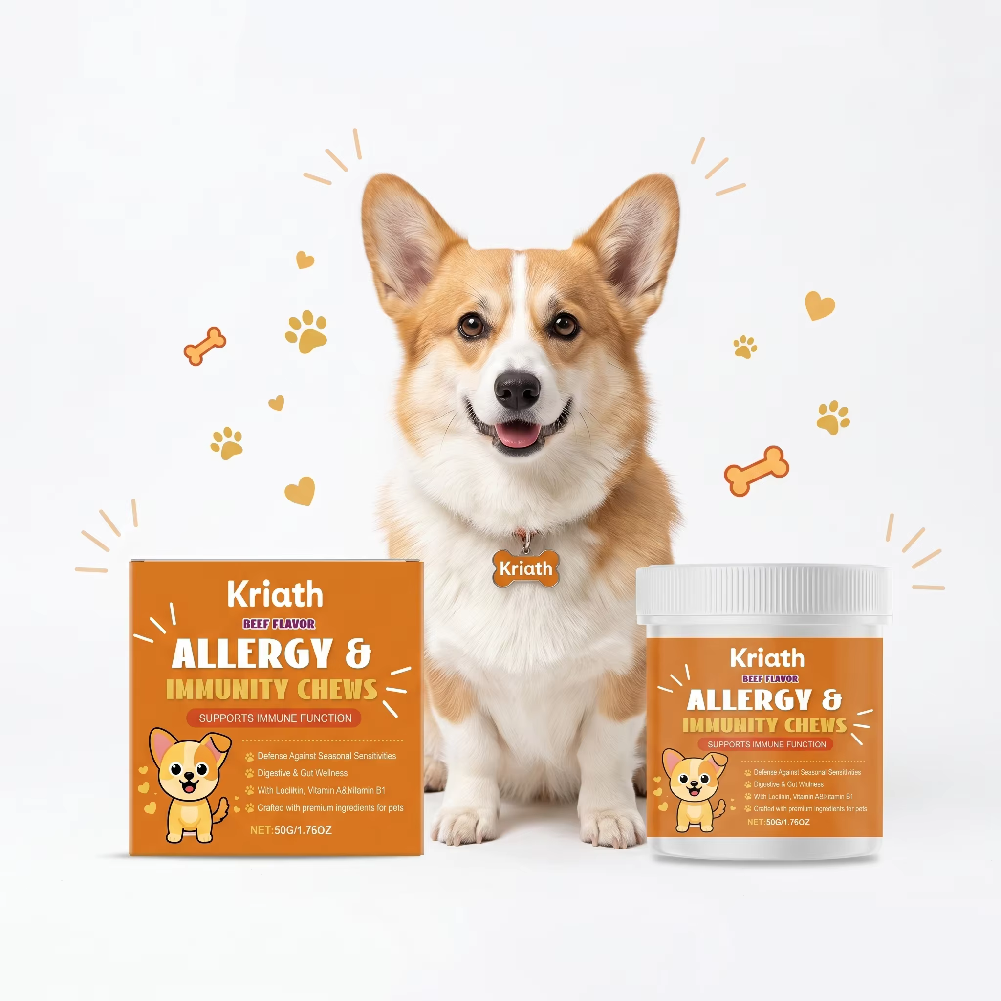 Comprimés à mâcher vitaminés pour animaux de compagnie, soutient la fonction immunitaire, stimule le métabolisme, ingrédients doux, complément nutritionnel pour chiens, soutien immunitaire.