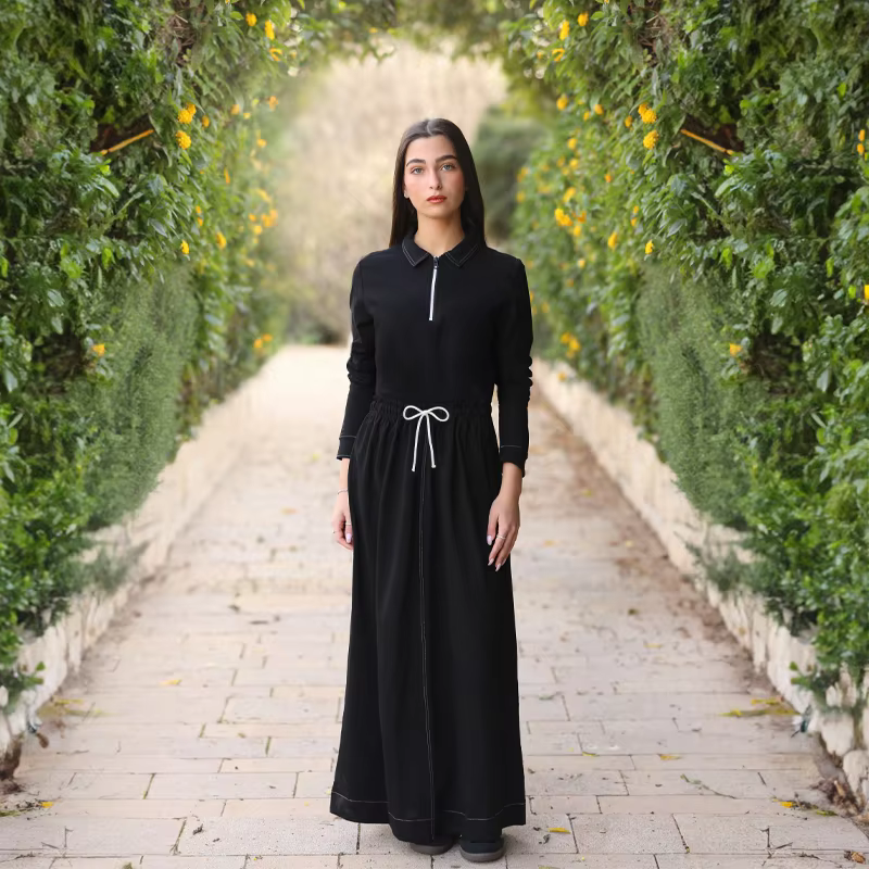 Youth set navy and black sweatshirt and maxi skirt suit long sleeve contrast stitches and zipper french terry fabric for spring