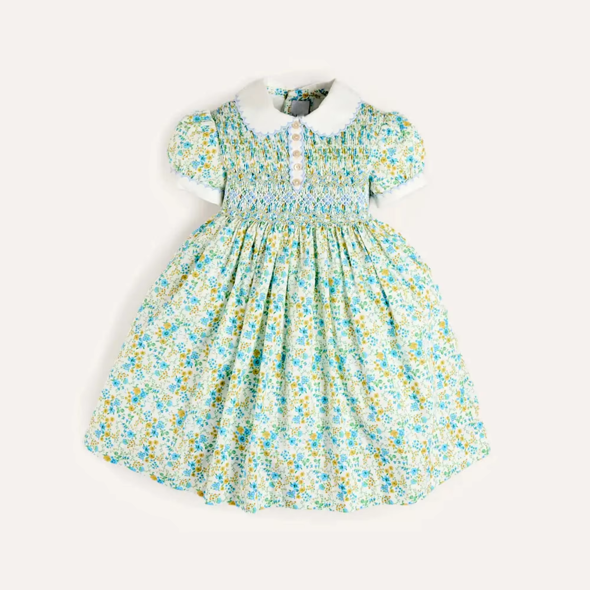 Vintage Floral Hand Smocked Short Sleeve Girl Dress Peter Pan Collar Fashion Kids Girls Dresses Summer Clothing For Baby 2026