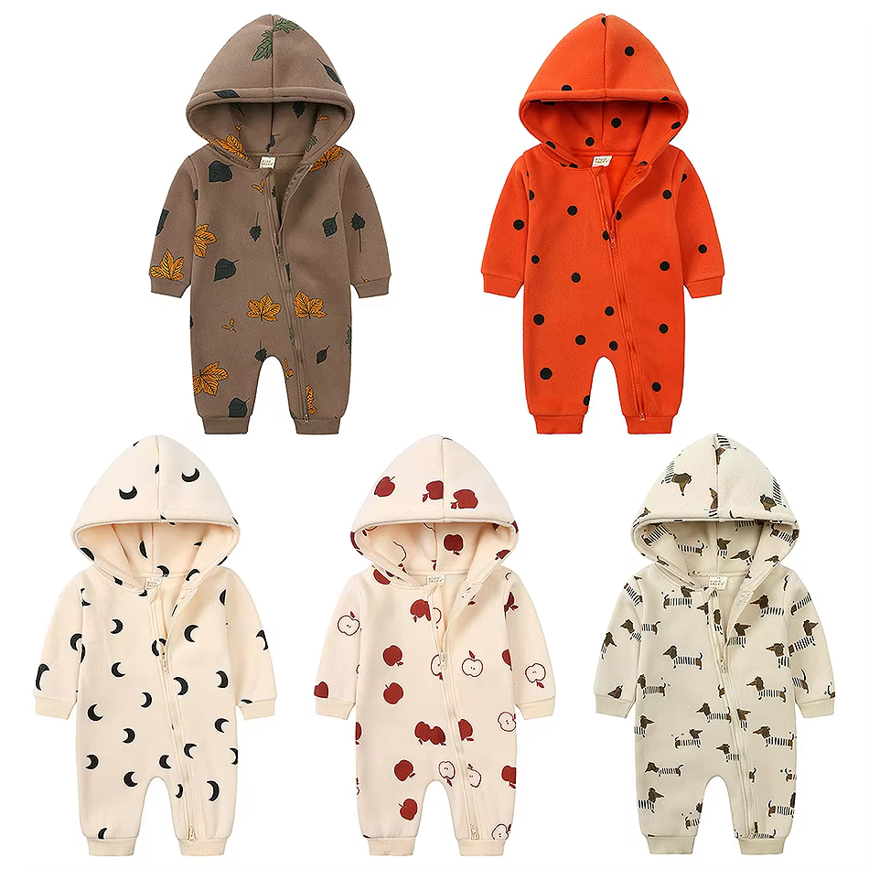 Infant Hooded Zipper Cartoon Print Bodysuits Baby Casual Long Sleeved Rompers for Girl Boy Jumpsuits Children Household Costumes