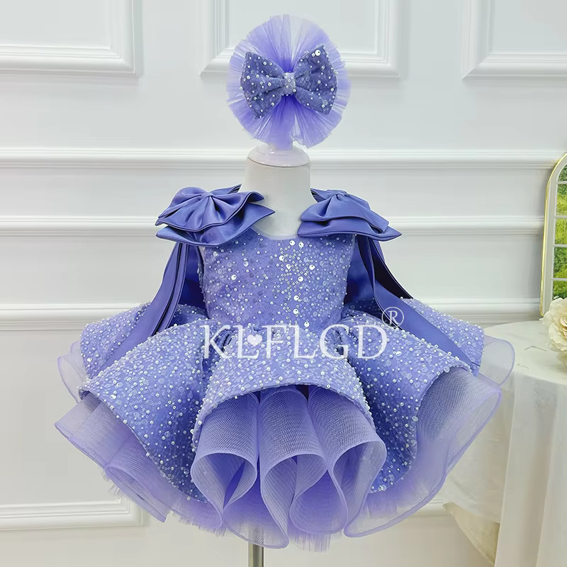 KLFLDG Hot new style sequin bow girl dress gorgeous elegant girl prom evening dress baby girl formal Christmas puffy skirt