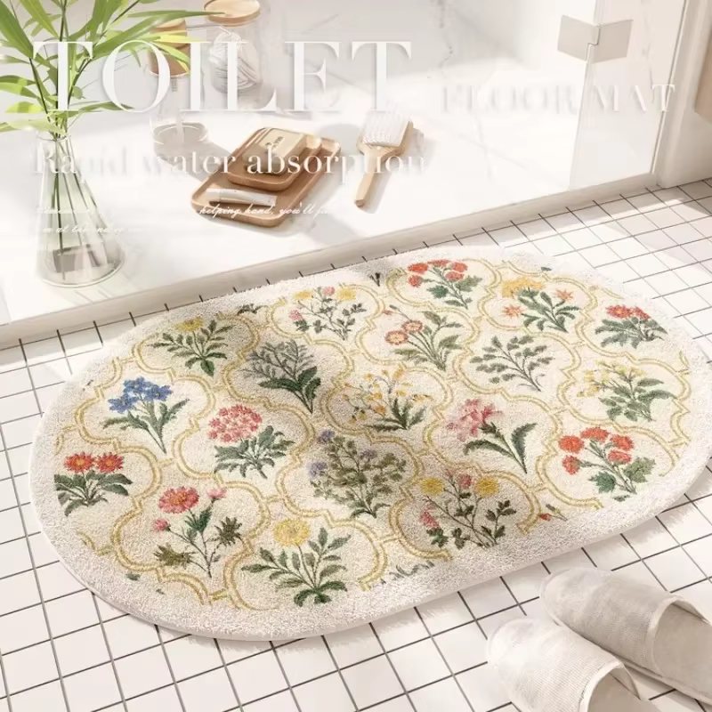 Fresh American floral absorbent floor mat, bathroom door, bathroom mat, non-slip mat, bathroom door floor mat