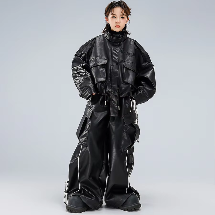 Children Boy Girl Streetwear Loose Leather Cargo Jacket Pant Sets Kids Coat Trousers Fashion Show Performance Clothes Costumes