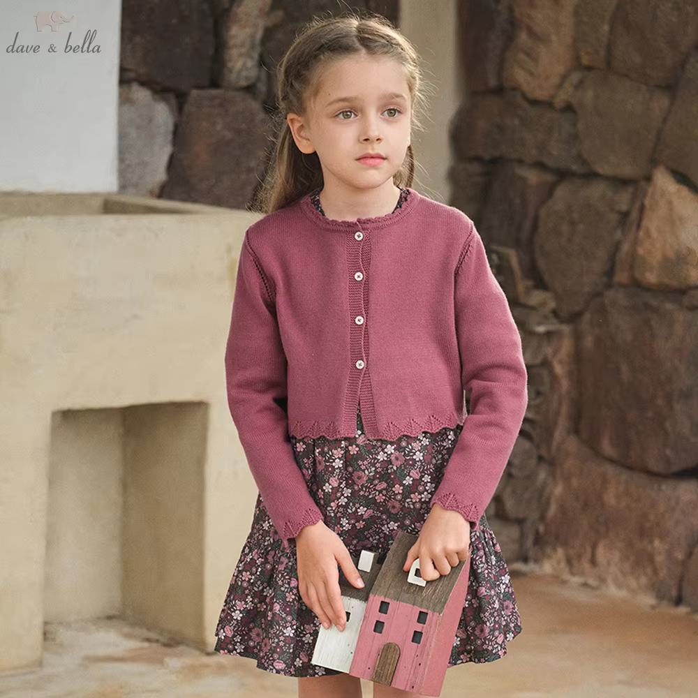 Dave Bella Children's Apring Autumn Dress 2pcs Cardigan Sweater+Dress Set Sweet Girl's Floral Long Sleeve Clothes DK3254790