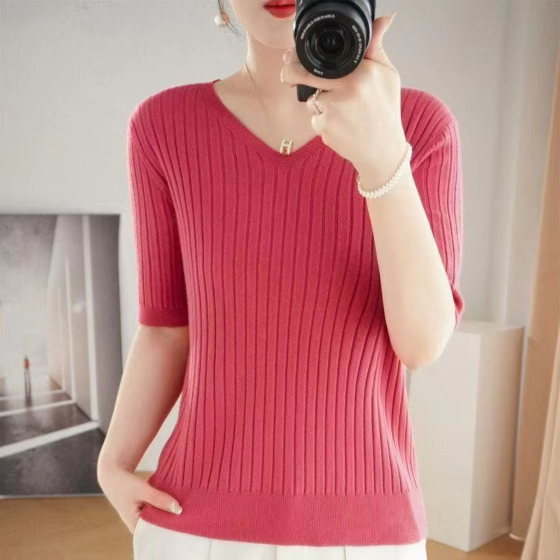 Women's Sweater Spring Summer Short Sleeve V-neck Knit Shirt Casual Korean Pullovers Stripe Bottoming Shirt Slim Fit Jumpers