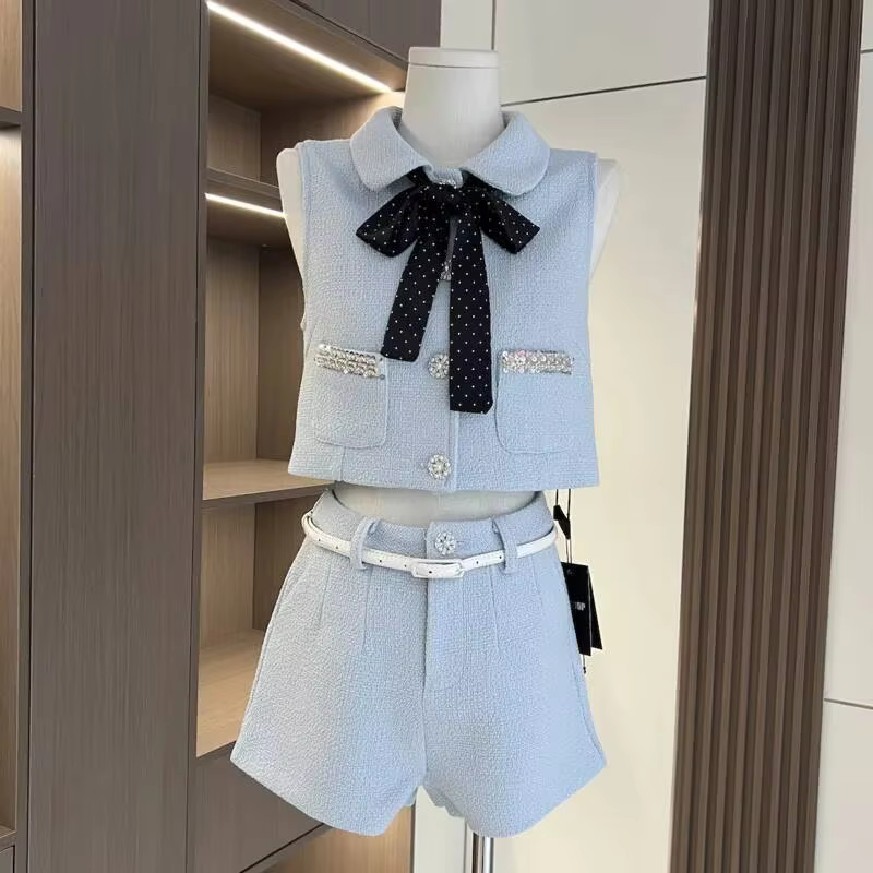 3pcs/pack High Quality Tweed 2 Piece Pant Sets For Women Bow Vest Tops + Shorts Sets Sweet Lady Two Piece Pant Suits
