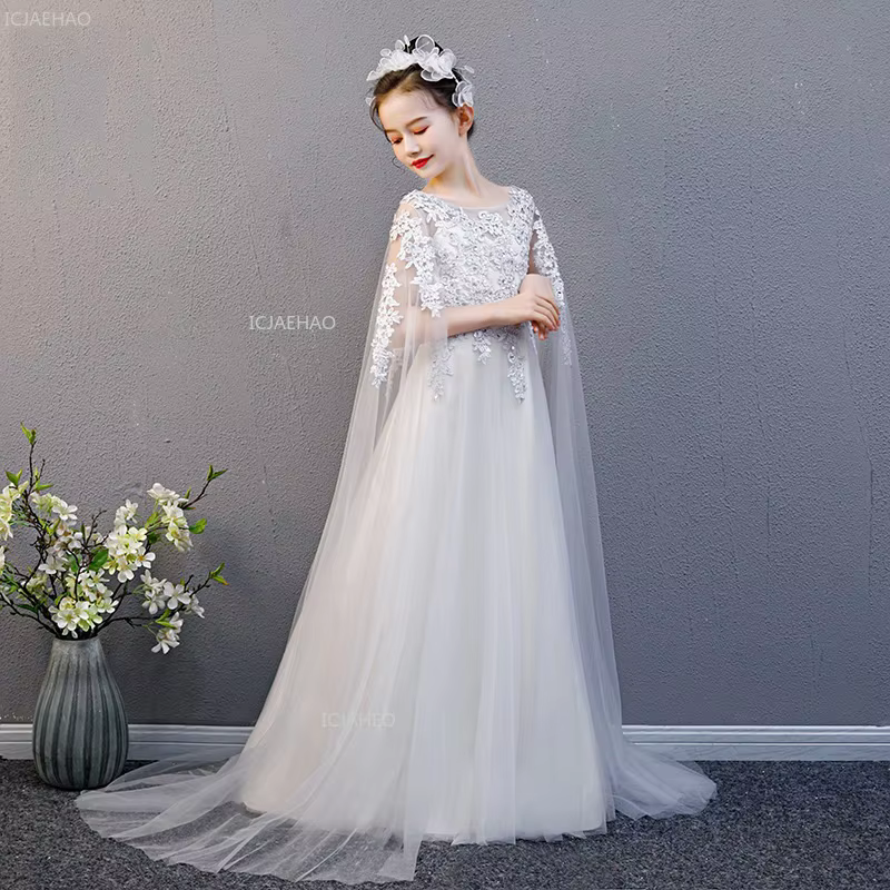 Kids Girls Chinese Style Guzheng Performance Dress White Princess Recital Pageant Formal Celebration Gown with Long Train Solo