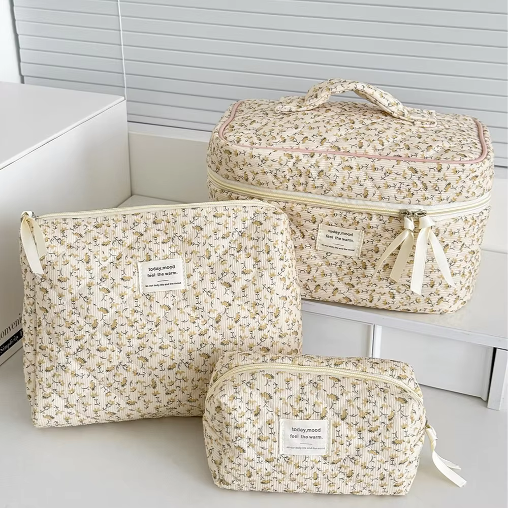 Vintage Women Floral Print Cosmetic Pouch Handbag Travel Orgainzer Make Up Storage Bag Large Capacity Quilted Bag For Gift