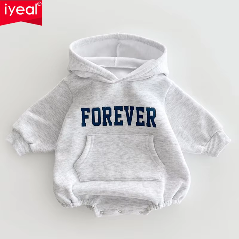 IYEAL Korean Version Baby Winter Jumpsuit With Western-Style Letters For Boys And Girls, Hooded Fleece Hoodie