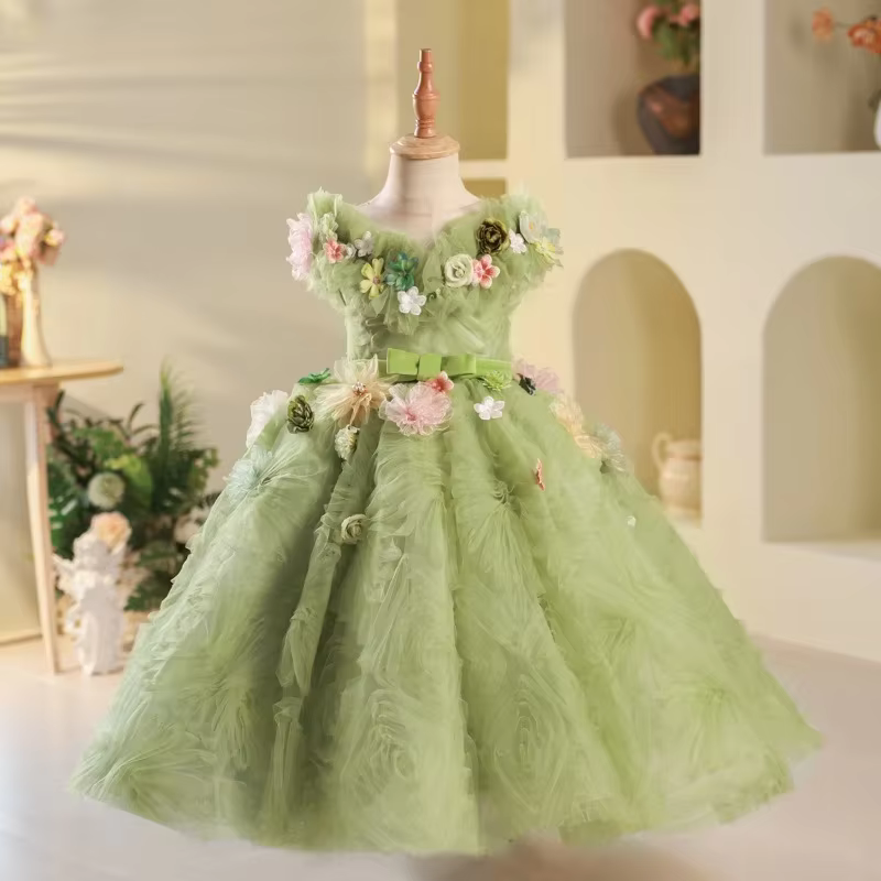 Green Floral Princess Dress for Kids Elegant Summer Birthday Party Dresses Girls Flower Vestidos Costumes Childrens Formal Gown