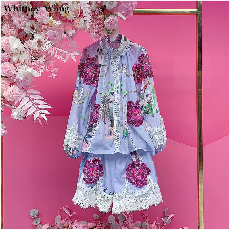 WHITNEY WANG Designer Style 2025 Autumn Fashion Streetwear Sequins Beading Florals Vintage Blouse and Shorts Women 2 Pieces Sets