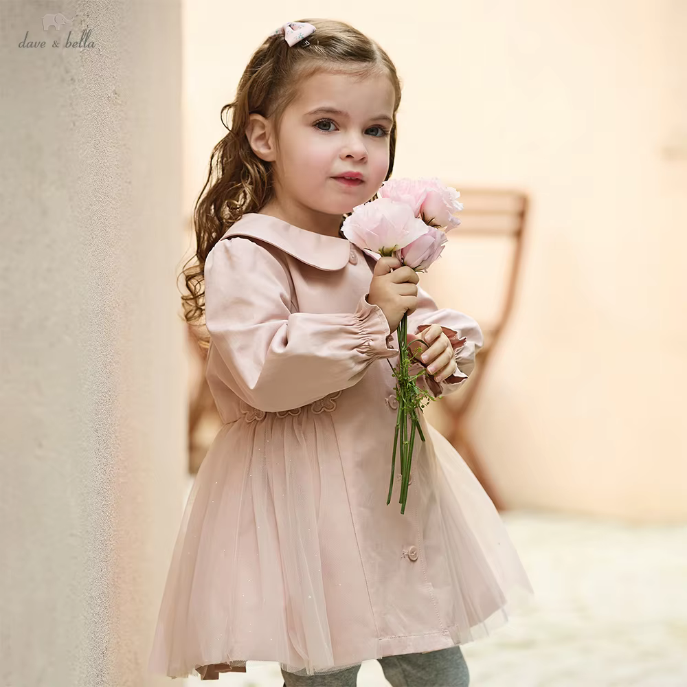 Dave Bella Children Elegant Mesh Jacket Girls Clothes Autumn Spring Kids Lapel Pink Topcoat Baby Sweet Outerwear Party DB1260241