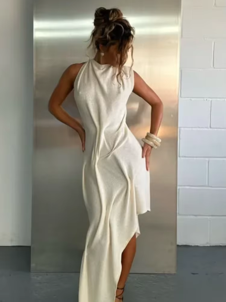 Romantic Soft Halter Maxi Dress Ruched Asymmetrical Women Dresses Anniversary Dinners Vacation Elegant Female Party Wear