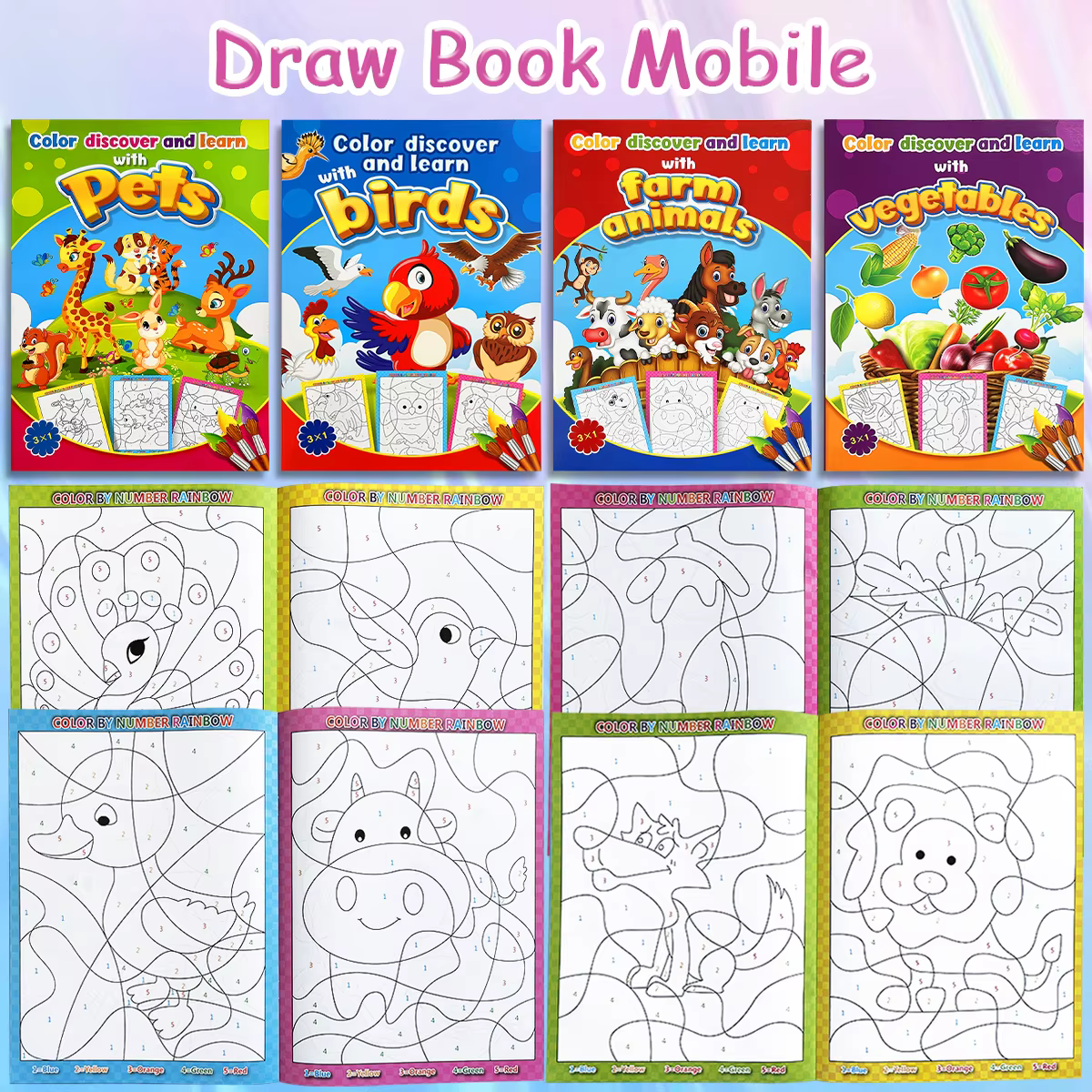 【Color & Discover】Draw Book Mobile - Pets/Birds/Farm Animals/Vegetables Coloring Books for Kids