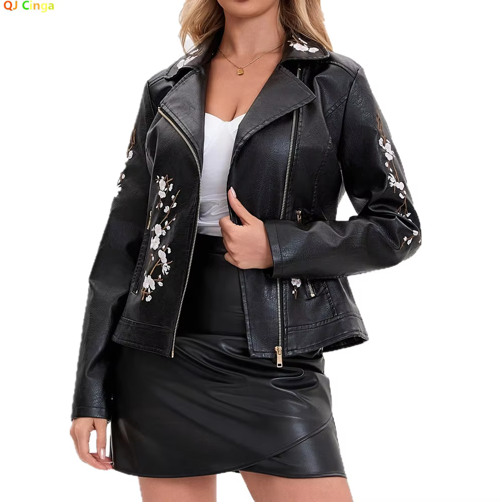 2026 New Women's Black Embroidered PU Jacket, Street-Style Brown Faux Leather Coat, Fashionable Beige Long Sleeves Top.