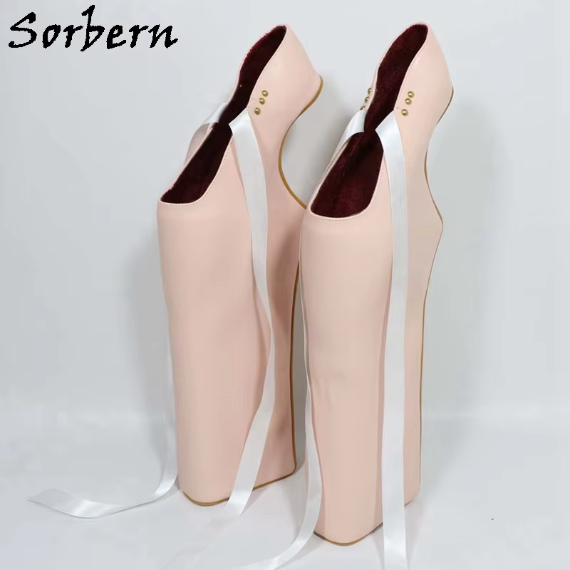 Sorbern Artful High Heeled Shoes Ballet Pump Ribbon Lace Up Mary Janes Shoes 40Cm White Ribbon Fetish Hidden Platform Heelless