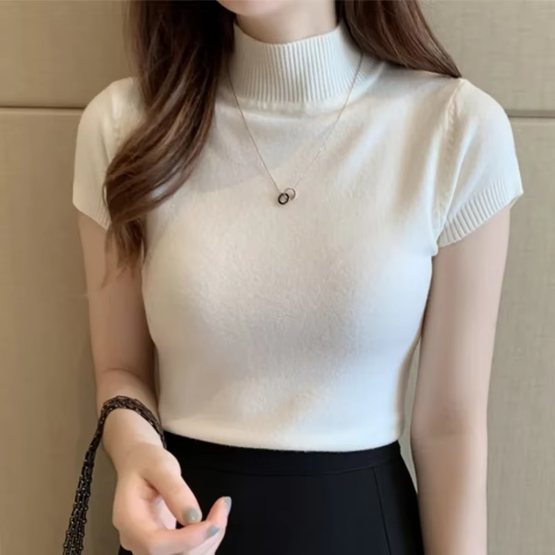 Korean style ice silk half-high neck base t-shirt for women, thin short-sleeved sweater, slim-fitting top for women's