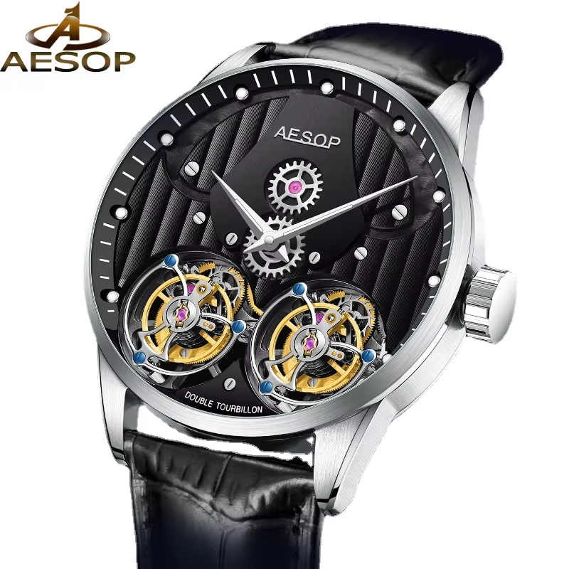 Aesop Original Men Double Skeleton Tourbillon Wristwatch Casual Mechanical Movement SS316 Steel Case Sapphire Crystal Male Hour