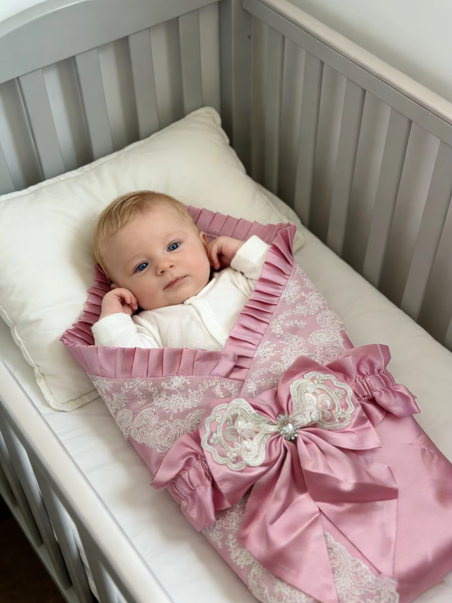 Newborn Pink Lace Swaddle Blanket - Satin Bow Pearl Detail for Baby Photoshoot & Baptism