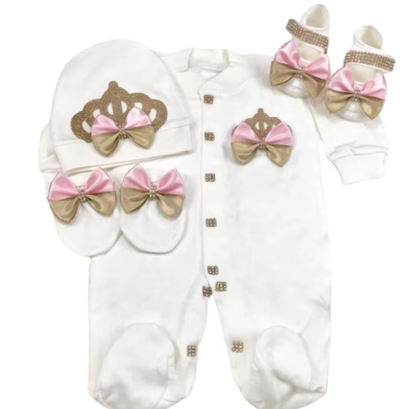 Footed Romper Newborn 0-9 Months 4 Piece Set White Pink Gold Crown Bow Princess Boutique Baby Shower Gift With Hat Mittens Shoes