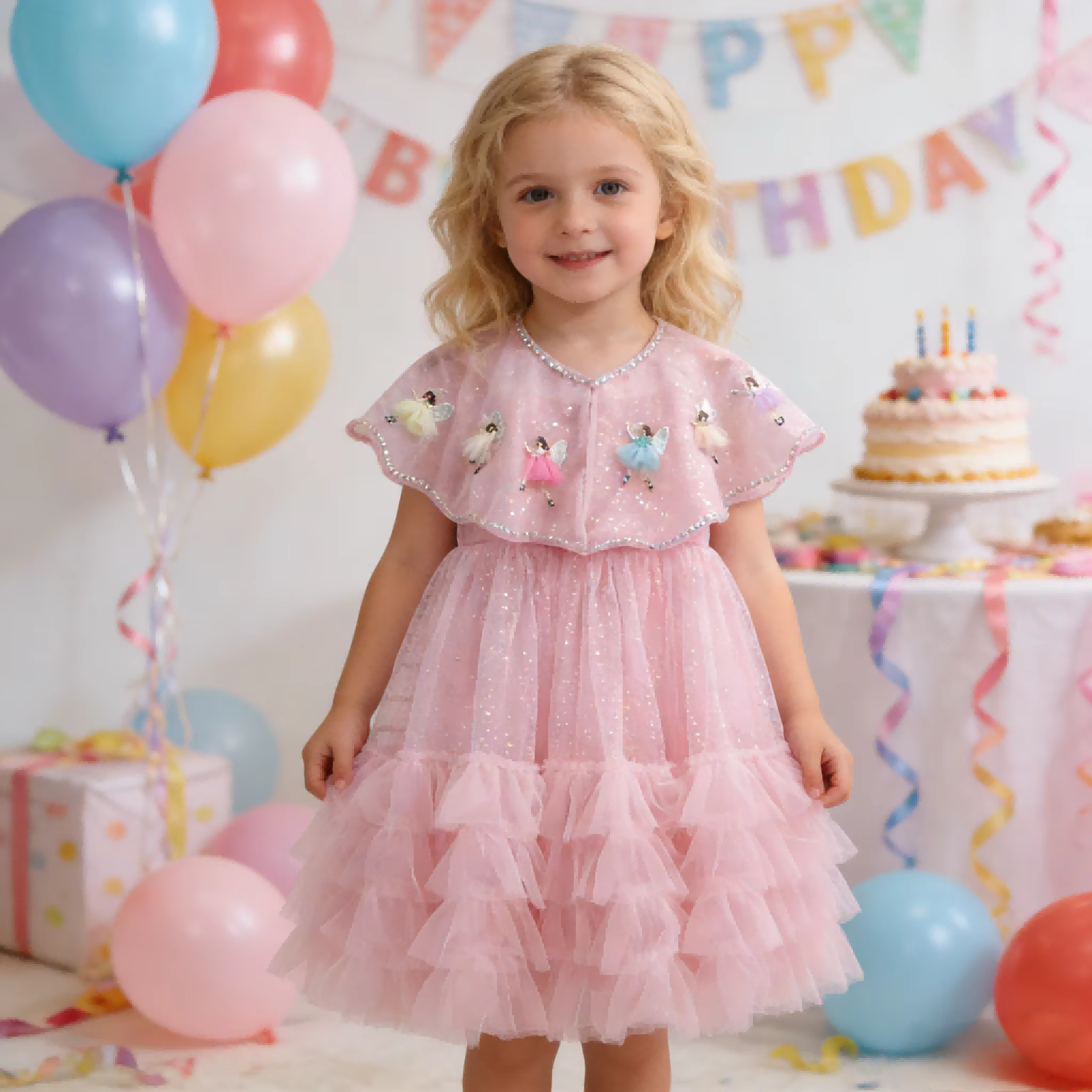Girls Cake Layered Dress Children Spaghetti Strap Tulle Gown with Celebration Dresses Costume Shawl Cape Party Pageant Formal
