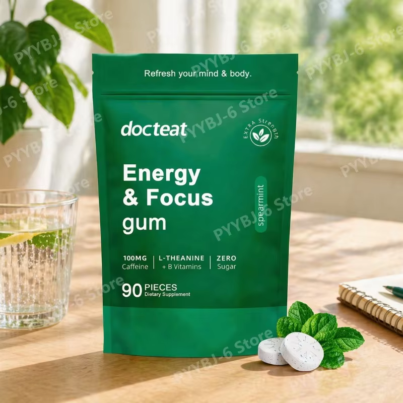 Energy & Focus Gum with Caffeine L-Theanine B Vitamins &Green Coffee Extract Sugar Free Dietary Supplement for Adults90 Pieces