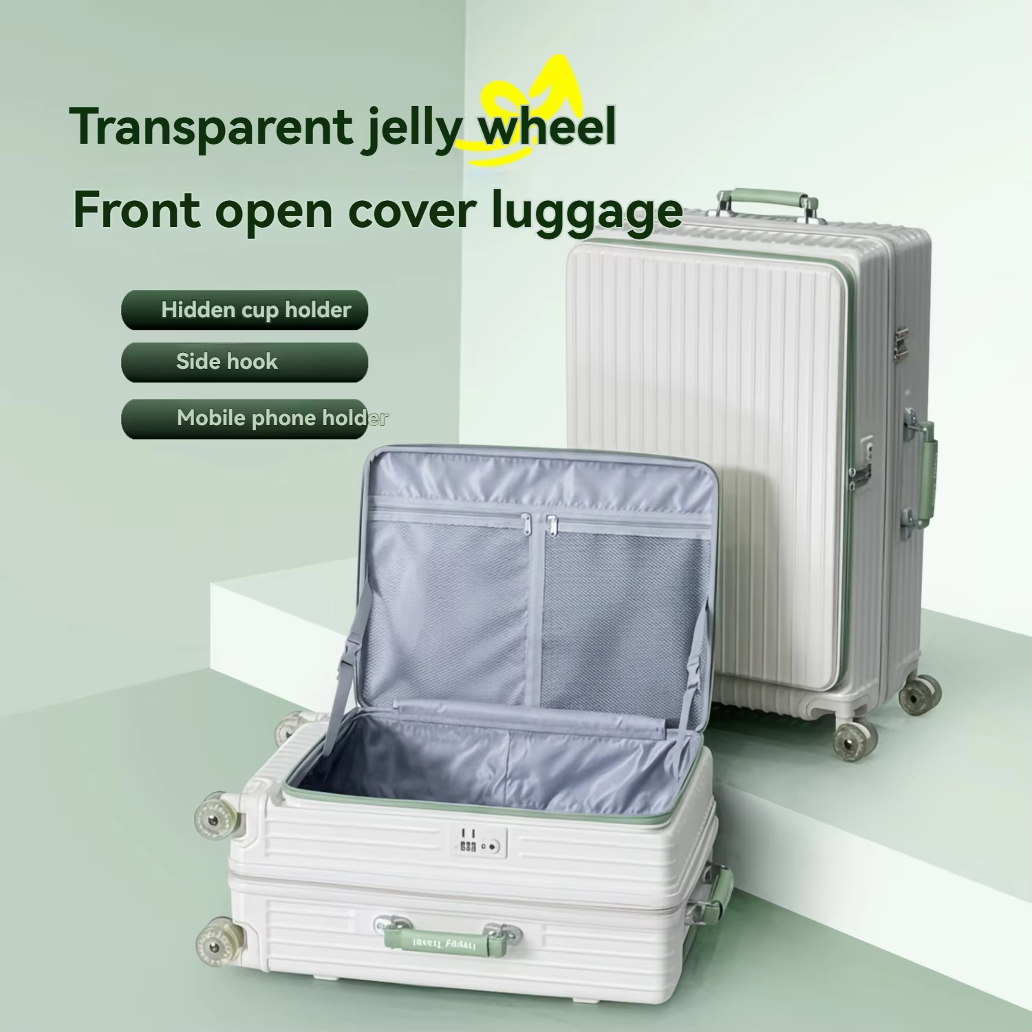 1-Piece Set of Front-Opening Travel Suitcase with Jelly Wheels, Trolley Case with 5cm Expandable Layer, Leather Handle, Luggage Bag with Phone Holder, Foldable Cup Holder, Side Hook Function, Customs 