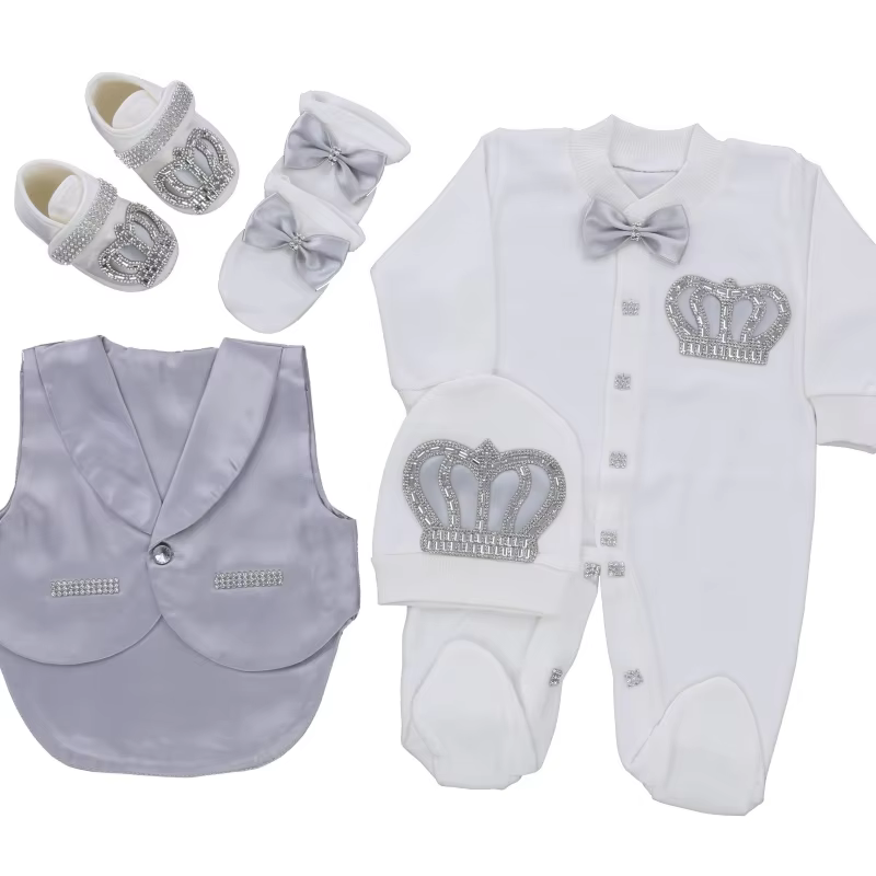 Luxury Gentleman Prince Baby Romper 0-9 Months 5Pcs Pure White Dusty Gray Satin Vest Bow Rhinestone Crown Boutique Gift