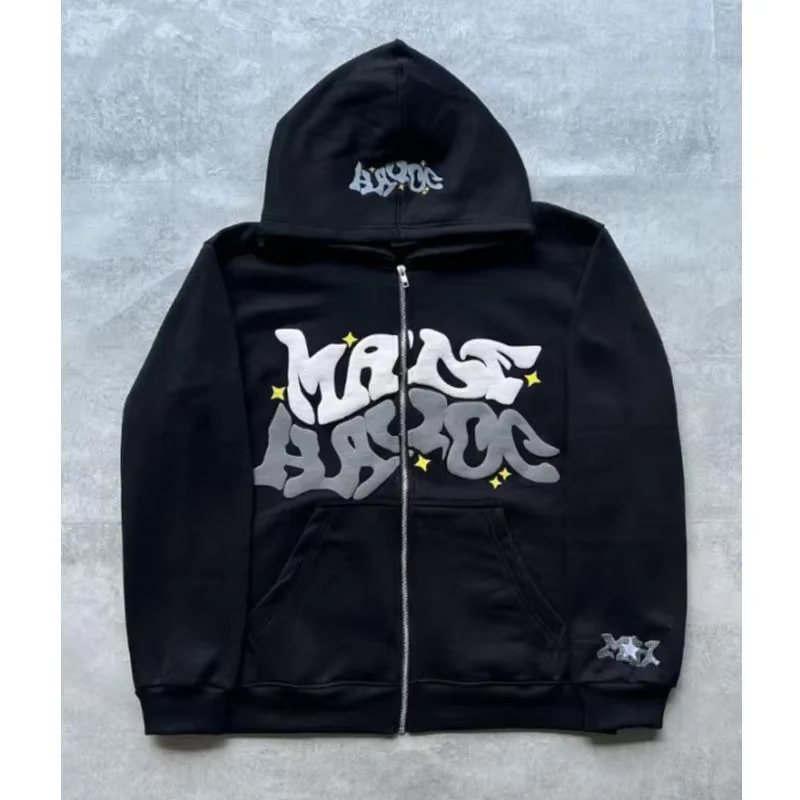 Hooded zipper hoodie with retro American-style letters, unisex, suitable for pairing with a millennial-style jacket