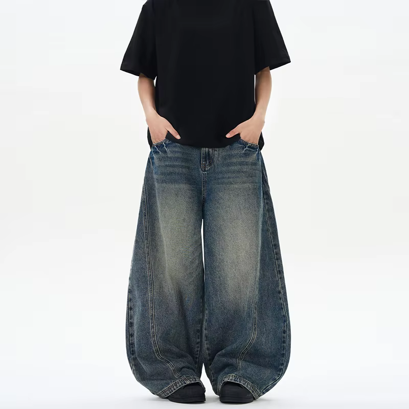 2025 Spring New Men's Jeans Oversized Wide Leg Pants Loose Vintage Patchwork Lightning Cracked Denim Trousers Streetwear Male