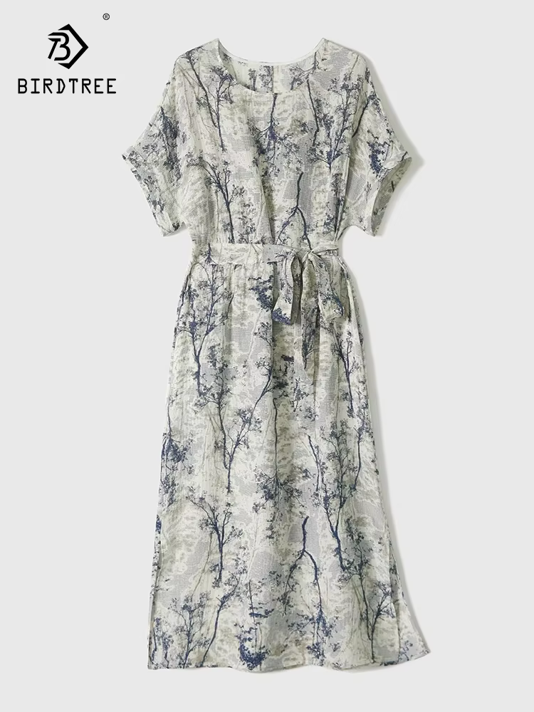 BirdTree-100%Real Silk Elegant Dress, O Neck Short Sleeve Print, Women OL Vintage Temperament Dresses, 2026 Spring New D62441CC