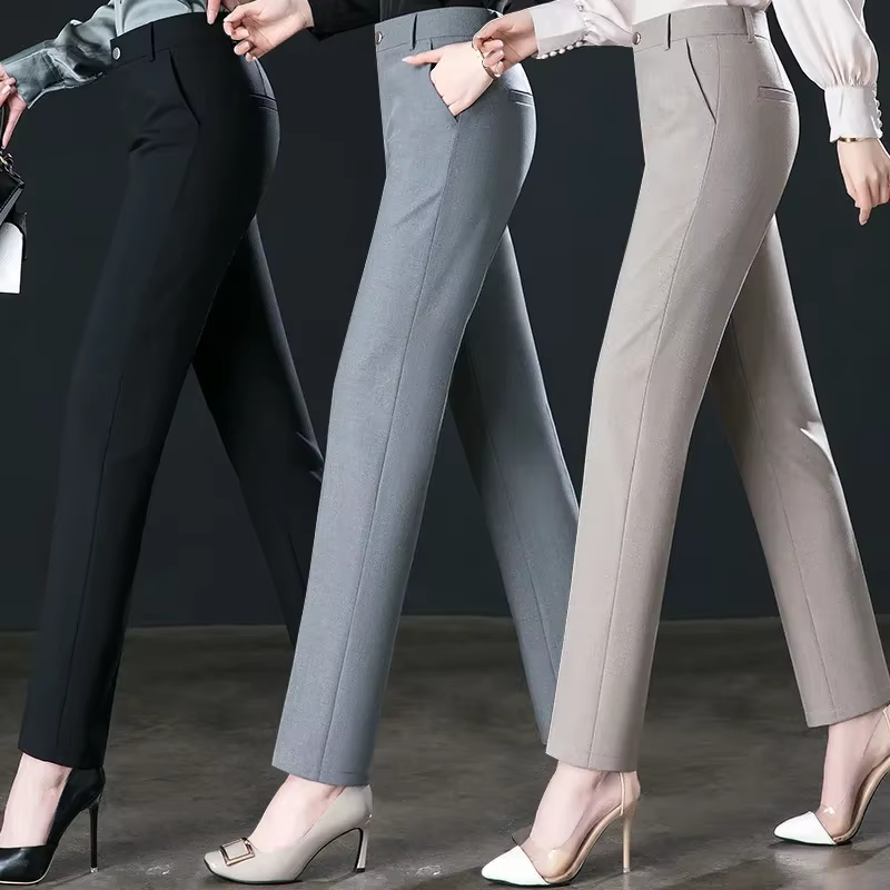 2025 Spring Fall Black Elegant Career Formal Suit Pants Women, Khaki Straight High Waist Loose Women's Work Trousers/cargo Pants