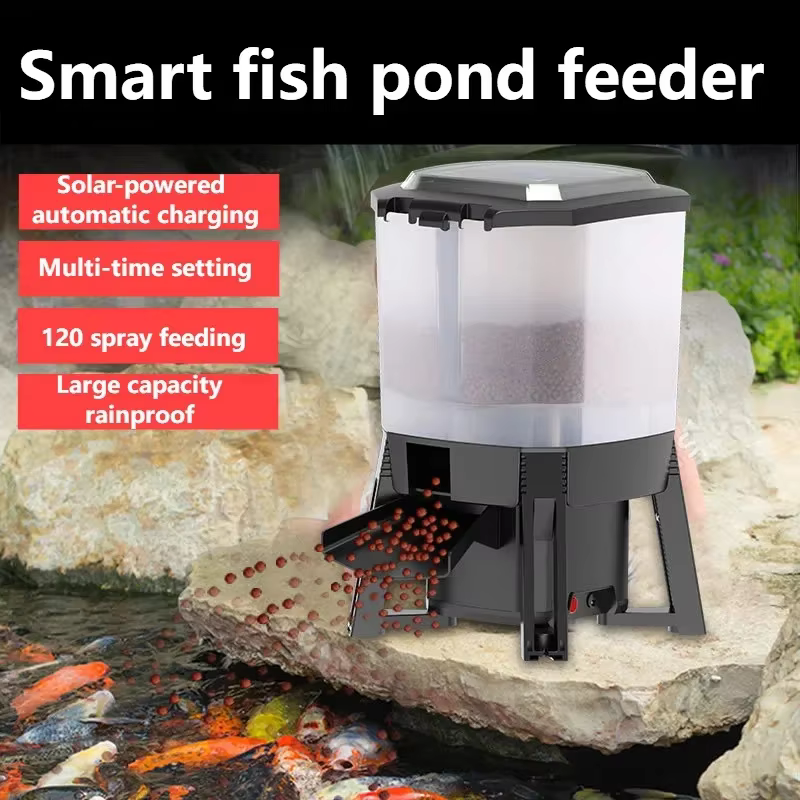 6L Solar Powered Fish Pond Automatic Feeder Koi Pond Intelligent Timer Feeding Waterproof Indoor Outdoor Large Area Fish Feeder