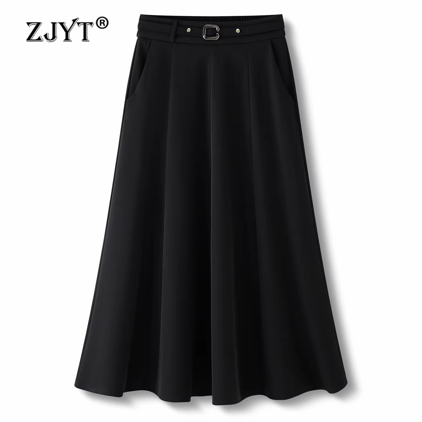 ZJYT Women Black Skirt 2026 Spring New High Waist Aline Midi Skirts Female Office Wear Elegant Lady Casual Faldas With Belt