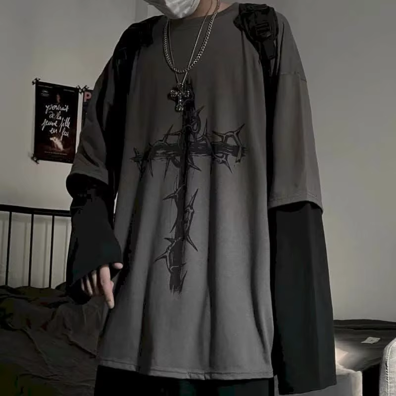 T-shirt for Men Summer Cross of Thorns Suitcase Men's T-shirts Long-sleeved Dark Hip-hop Men's oversize t-shirt Y2k T Shirt Tops