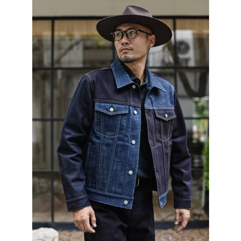 SAUCE ZHAN  536XX-SPL Men’s 20.5oz Heavyweight Selvedge Denim Jacket Color Block Relaxed Fit Vintage Workwear Style Loose Fit
