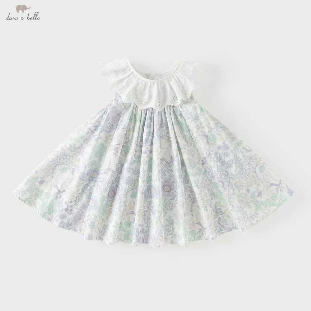 Dave Bella Girls Summer Cool Dress Floral Print Children Sleeveless Dress Sweet Fashion Princess Cotton Outdoors Party DB2262090
